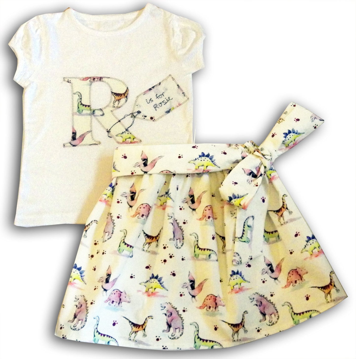 Girl's Personalised Dinosaur Skirt and T-Shirt Outfit