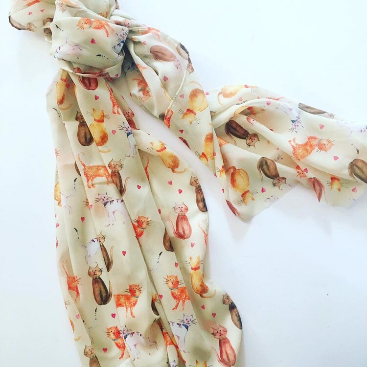 Large Cat Chiffon Scarf, Woman's Scarf, Spring Summer Autumn Scarf, Gifts for her, Mother's Day Gift, Gift for Cat Lover