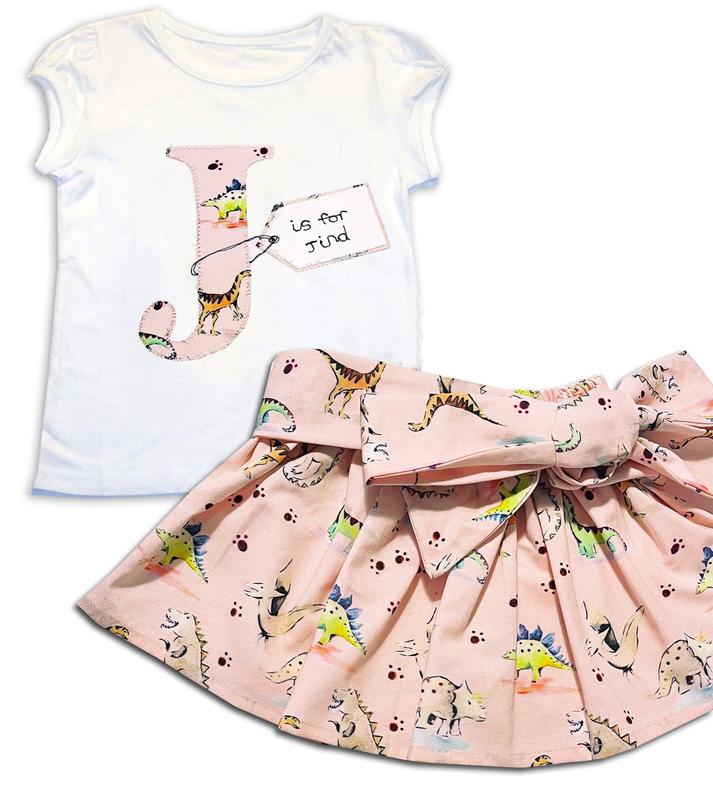 Girls Personalised Dinosaur Skirt and T-Shirt Outfit