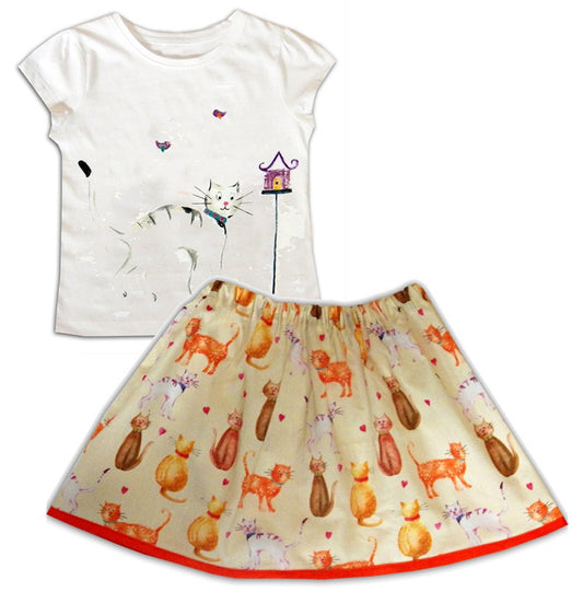 Girls White Cat T-Shirt and Skirt