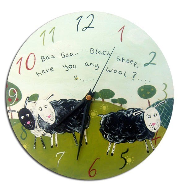 Kids Baa Baa Black Sheep Clock, Nursery Decor, Gift for Girls, First Birthday Gift, Wall Clock