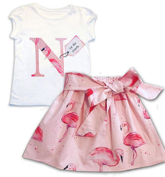 Girl's Flamingo Personalised Skirt and T-shirt Outfit