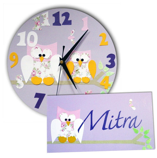 Owl Clock and Personalised Door Sign Gift Set